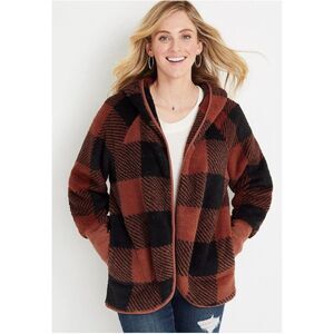 Maurices Teddy Orange Black Check Faux Fur Open Front Jacket Women's 0/1 Hooded